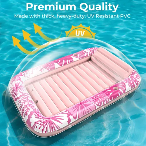 Miniatura 23 de Flotador inflable de bronceado para piscina con lona de protección, flotadores de piscina de 70 x 46 pulgadas para adultos con almohada, flotador 6