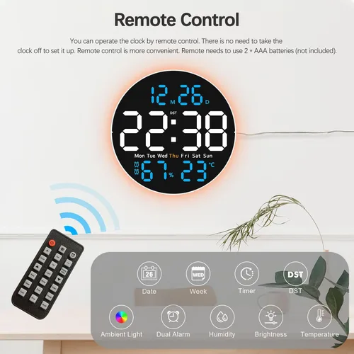 Miniatura 5 de JoFomp Reloj de pared digital grande de 10 pulgadas con control remoto, pantalla LED, reloj despertador digital enchufable, brillo automático, DST
