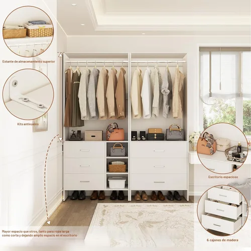 Miniatura 3 de Sistema de Almacenamiento Montado Aheaplus con 6 Cajones, Sistema de Organizador de Closet de 1.37m de Madera, para Closets de Entrada o Closets