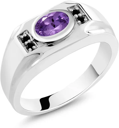 Gem Stone King Anillo de plata de ley 925 para hombre con amatista morada y diamantes negros (1.23 quilates, disponible en tallas 7, 8, 9, 10, 11,