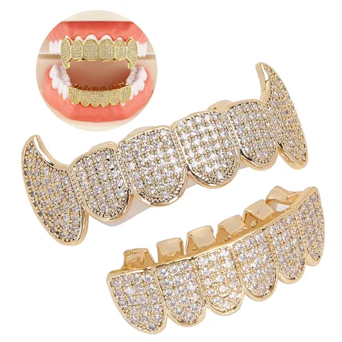 Rejillas de dientes de cobre chapado en frío, oro plateado, dientes de diamante helados para hombres y mujeres rapero traje dientes joyería y