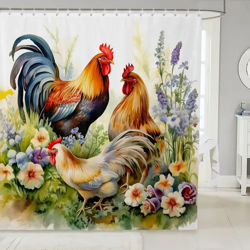 Cortina de baño vintage con gallo para gallina, juego de cortina de ducha para niños y niñas, cortina de ducha rústica de pollo de granja, animales