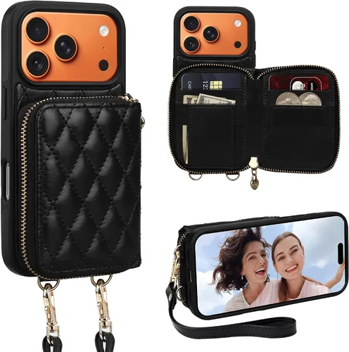 Miniatura 62 de Funda tipo cartera para iPhone 15 de 6.1 pulgadas, bolso cruzado con cremallera y correa para la muñeca con cordón para mujer, tarjetero con bloqueo