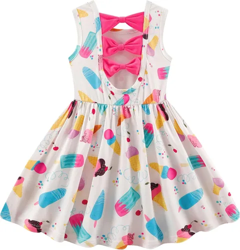 Miniatura 10 de Popshion Vestidos de verano para niñas con estampado de leopardo, vestido con lazo en la espalda, ropa de dinosaurio, sin mangas, para niños