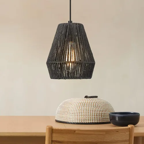 Miniatura 9 de Lámparas Colgantes Tejidas, ELYONA Lámpara Colgante Costera de Granja de 7 pulgadas con Pantalla de Cesta de Ratán Tejida a Mano en Negro Mate