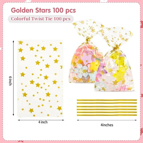 Miniatura 2 de 100 bolsas de celofán, bolsas de celofán transparente de 4 x 6 pulgadas, 100 lazos dorados, para galletas, chocolate, panadería, recuerdos