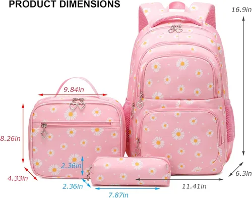 Miniatura 32 de goldwheat Mochilas impresas margaritas con paquete de almuerzo, estuche de lápices 3pcs, bolsa ligera resistente al agua para la escuela secundaria