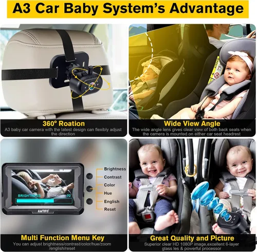 Miniatura 3 de AMTIFO Cámara para Bebé de Coche Fácil Instalación: Visión Nocturna Clara 2 Minutos Plug-Play Cámara de Asiento Trasero Rotación 360° Monitor