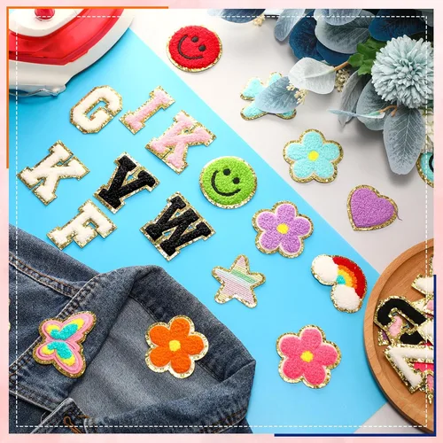 Miniatura 6 de 120 Parches de Letras de Chenilla Parches para Planchar Calcomanías Bordadas Incluyen 78 Parches de Letras 42 Estrellas y Corazón de Flor