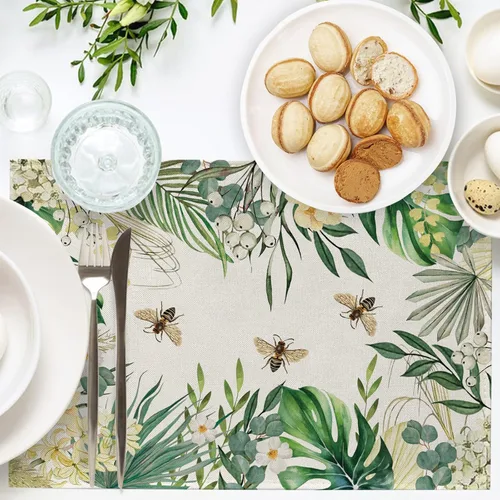 Miniatura 4 de Seliem Juego de 4 manteles individuales florales con plantas tropicales, primavera y verano, hojas de palma, flor de Monstera, abeja, manteles