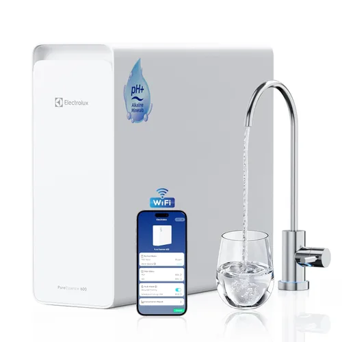 Electrolux Sistema de ósmosis inversa sin tanque WiFi 600GPD, pH mineral alcalino, pH mineral alcalino, filtro RO 3:1 puro para drenar debajo del