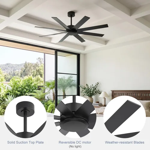 Miniatura 8 de Ventilador de techo de 52 pulgadas sin luz, moderno ventilador de techo con control remoto, motor de corriente continua de 8 aspas reversibles