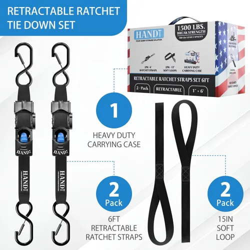 Miniatura 4 de HandT - Correas de trinquete retráctiles, 1 pulgada x 6 pies, resistencia a la rotura de 1500 libras, alta resistencia, autorretráctil, botón