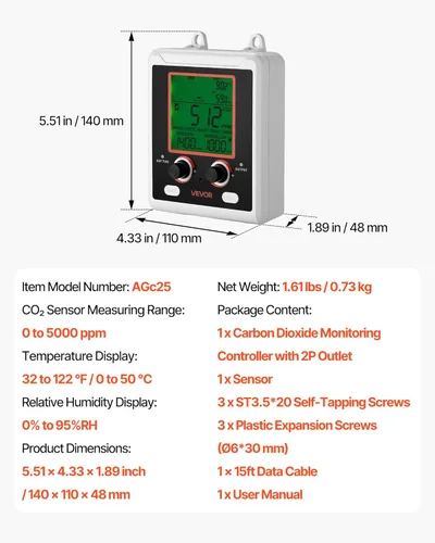 Miniatura 7 de VEVOR Detector de dióxido de carbono, monitor de CO2 de doble salida, función de detección de día y noche, detector de CO2 de refugio constante