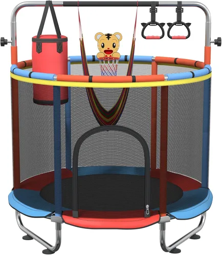 Trampolín infantil de 60 pulgadas para niños de 2 a 4 años, mini trampolín de 5 pies para interiores con pelota de baloncesto, barra de gimnasia