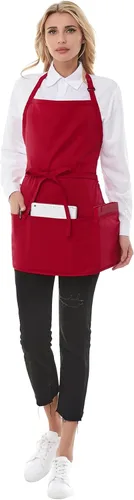 Miniatura 3 de Delantales de chef para mujer con 3 bolsillos, delantal de trabajo de cocina para cocinar, delantal corto de algodón para barbacoa con cinturón