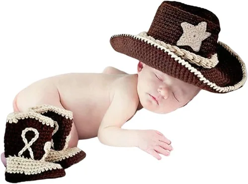 Miniatura 6 de Ropa de ganchillo para niños y niñas recién nacidos, sombrero de vaquero con zapatos, accesorios de fotografía, disfraz