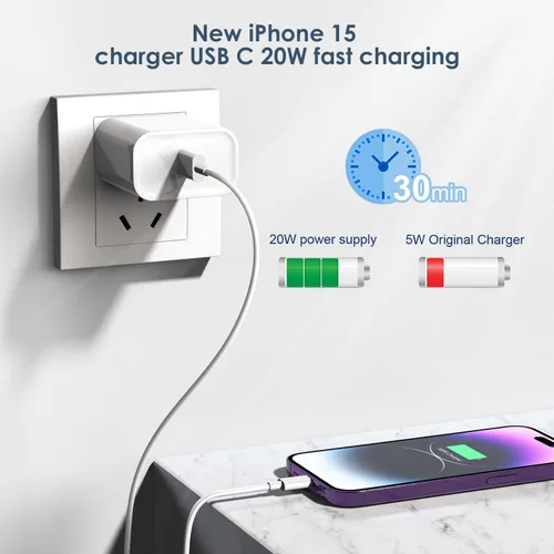 Miniatura 2 de Cargador de carga rápida para iPhone 17 16 15, paquete de 2 unidades, 20 W, USB C, cargador de pared de viaje, bloque de enchufe, cable de carga