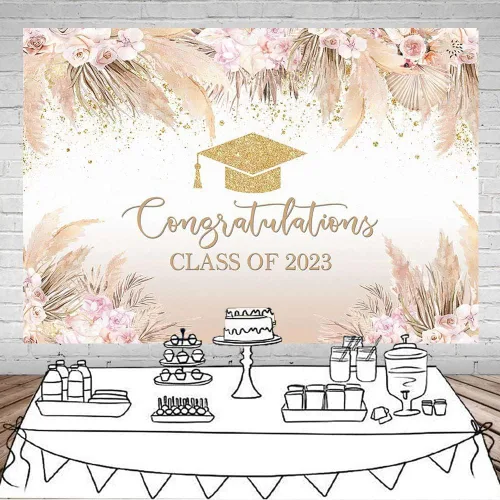 Miniatura 2 de Mocsicka Fondo de fiesta de graduación bohemio para clase de 2023, bohemio, elegante, rosa, flores doradas, gorra de despedida de soltero dorada