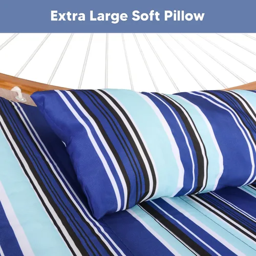 Miniatura 5 de SUNCREAT Hamaca doble con soporte incluido, hamaca portátil con soporte y almohada grande, rayas azules