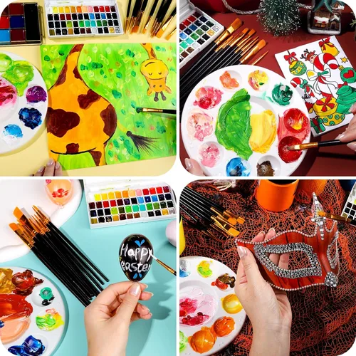 Miniatura 5 de FANDAMEI Juego de paletas redondas de pintura y pinceles de pintura, 3 paletas de pintura de plástico, 10 pinceles de pintura acrílica, pinceles