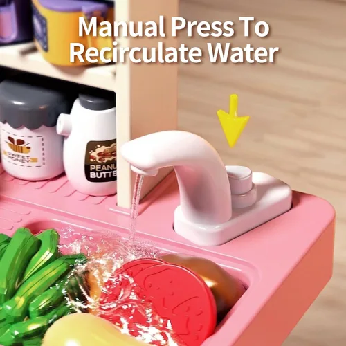 Miniatura 6 de Juego de cocina para niños de 33.8 pulgadas con sonido y luz, estufa de cocina con vapor, fregadero de juegos y accesorios de cocina de juguete, Rosa