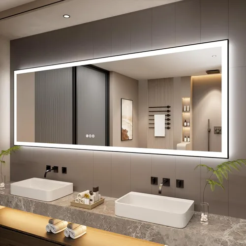 Miniatura 11 de Espejo de baño LED de 60x36 pulgadas con marco negro, espejos de baño retroiluminados y con luz frontal para pared, antiempañamiento, regulable