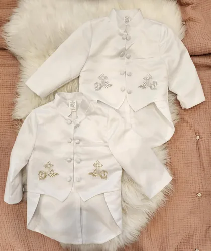 Miniatura 4 de iGilrDress - Cola de cuello mandarín blanco para bautizo y bautizo, 5 piezas, esmoquin con bordado cruzado