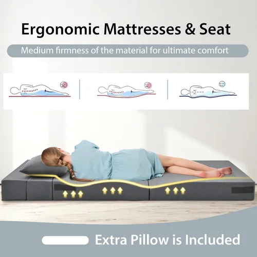 Miniatura 7 de Giantex Sofá cama plegable de 6 pulgadas con almohada, colchón de triple pliegue con espuma de alta densidad, sofá plegable con reposacabezas, cama