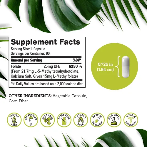 Miniatura 6 de DSO L Metilfolato de 15 mg (suplemento de 5 MTHF) – 90 cápsulas veganas (15 mg) – Suplemento de metilfolato activo L para el control