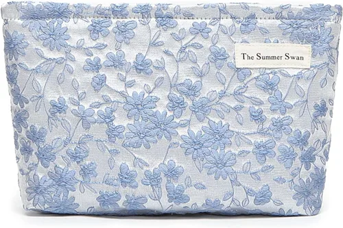 The Summer Swan Bolsa de cosméticos florales | Bolsa de maquillaje estética grande para artículos personales de viaje, bolsa de cuidado de la piel
