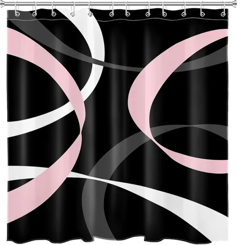 Miniatura 4 de LB Cortina de ducha abstracta rosa para baño, cortina de ducha de tela a rayas grises y blancas sobre fondo negro con ganchos, juego de cortinas
