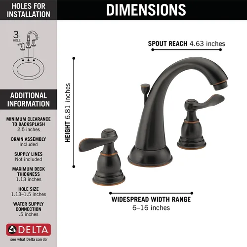 Miniatura 3 de Delta Windemere Grifo de baño de bronce pulido con aceite 3 agujeros, grifo de fregadero de baño de 8 pulgadas para tocador, conjunto de drenaje