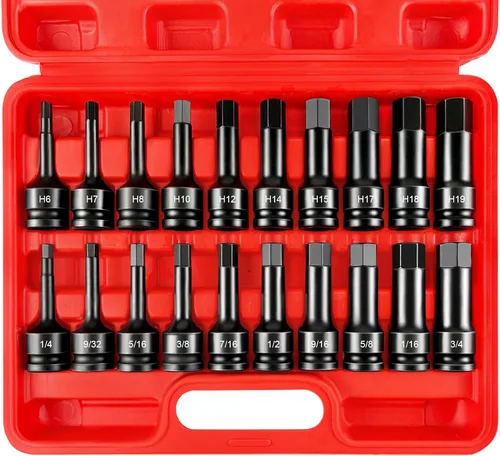 WETT Juego de llaves de impacto maestro de 1/2" con brocas hexagonales, juego de 20 piezas de llaves hexagonales, juego de llaves Allen, acero