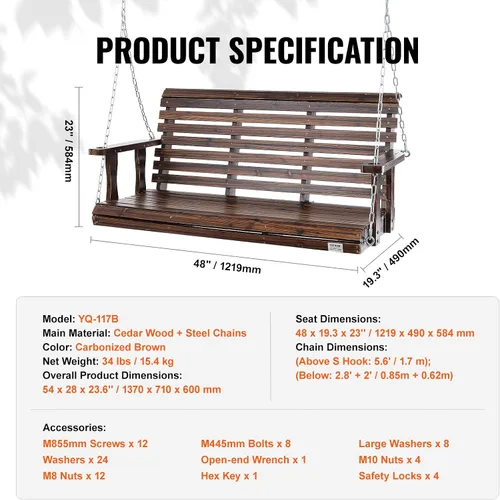 Miniatura 7 de VEVOR - Columpio de madera para exteriores, columpio de porche de 880 libras y 4.5 pies, banco silla colgante de alta resistencia para patio, jardín