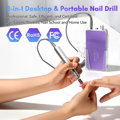 Miniatura 2 de Makartt Lima Profesional de Uñas - Lima de uñas eléctrica de 35000RPM con motor sin núcleo de 60W, lima E recargable de escritorio y portátil 2 en 1