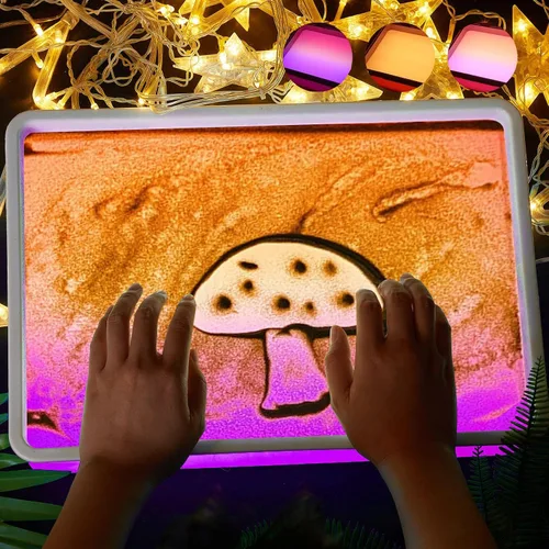 Miniatura 10 de Caja de luz de pintura de arena de 16 pulgadas, mesa sensorial portátil iluminada para niños y adultos, 3 modos de color y 10 niveles, mesa