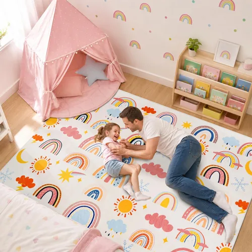 Miniatura 4 de Alfombra de arco iris para niños, 3 pies 3 pulgadas x 4 pies 11 pulgadas, alfombra suave para niños, alfombra grande lavable espacial