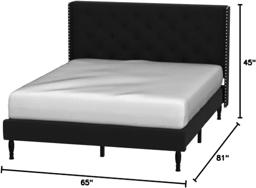 Miniatura 2 de Base de cama de plataforma tapizada Queen con cabecera de 45 pulgadas y base ajustable, cama de lino con botones copetudos, soporte de listones