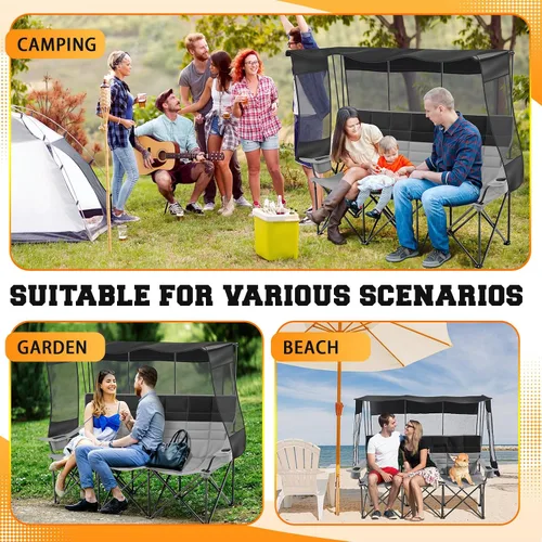 Miniatura 5 de Teenyyou Silla de camping para 3 personas con toldo – Silla de playa de gran tamaño con protección solar UV, sofá biplaza plegable resistente de 700