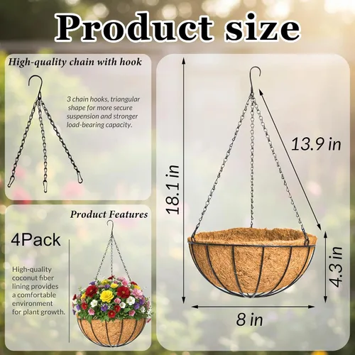 Miniatura 6 de Paquete de 4 macetas colgantes de metal de 8 pulgadas para exteriores, maceta colgante, soporte redondo y moderno, accesorio de jardín