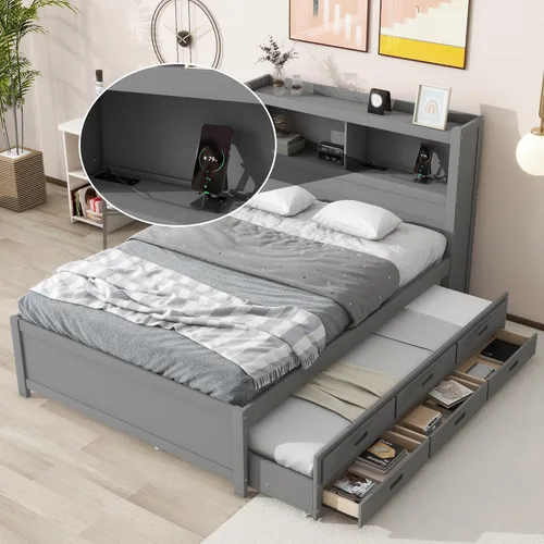 Miniatura 8 de Polibi Cama de plataforma de madera de tamaño individual con cabecero, estribo, listones de madera, no necesita somier (blanco)
