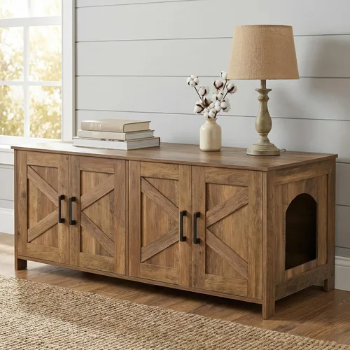 Miniatura 13 de Caja de arena para gatos Homhedy, mueble de baño de madera para gatos con puerta de granero, casa para mascotas, se adapta a la mayoría de las cajas