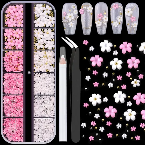 Miniatura 11 de Dijes para uñas 3D, kit de manicura con gel de pegamento de diamantes de imitación para uñas (curado UV), mariposa blanca rosa flor gemas AB 03-2