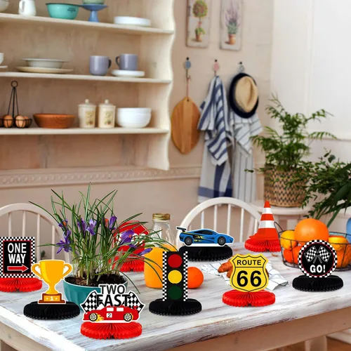Miniatura 5 de LINGTEER Race Car Two Fast Birthday Table Honeycomb Centros de mesa – 9 piezas Let's Go Racing Happy 2nd Birthday Party Decoración de mesa