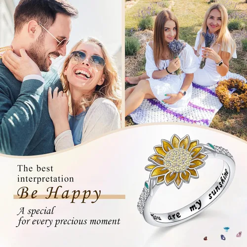 Miniatura 7 de Anillo de girasol de plata de ley 925 con circonita cúbica con texto en inglés "You are My Sunshine", anillos de flores para mujeres, mamá, esposa