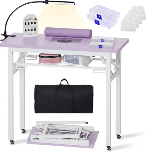 Miniatura 10 de Mesa de manicura plegable portátil con colector de polvo, escritorio de tecnología de uñas rodante con lámpara LED, reposamuñecas, ruedas