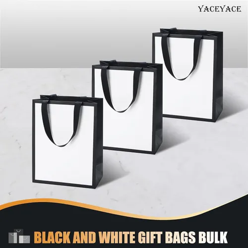 Miniatura 6 de Bolsas de regalo blancas y negras de tamaño mediano, 10 unidades de 8 x 4.25 x 10.5 pulgadas, papel kraft biodegradable, asas de cinta, perfectas