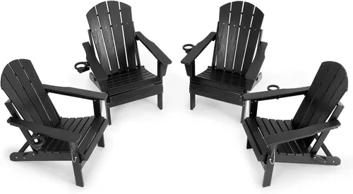 Miniatura 15 de Silla Adirondack plegable de HDPE, silla de patio al aire libre con soporte para tazas, silla de césped de grano de madera resistente a