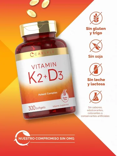 Miniatura 5 de Suplemento de vitamina K2 D3 de Carlyle 300 cápsulas blandas 200 mcg K2 MK7 y 10,000 UI D3 Sin GMO, sin gluten